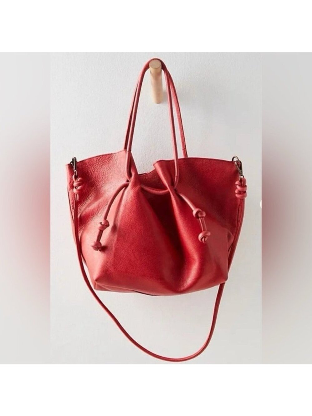 Free People Red Lip Leather Bucket Bag Knot Strap Large Boho $178 NWT